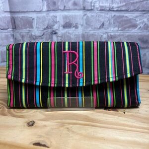 Multicolor Striped Travel Jewelry Roll with embroidered R